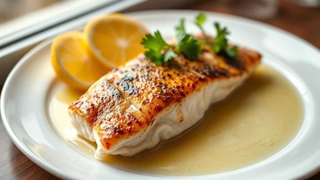 hero: perfectly seared rockfish fillet skin-side up on a white plate with golden crispy skin, glossy butter sauce pooling around it, fresh lemon wedges and parsley garnish, natural window light, professional food photography, shallow depth of field