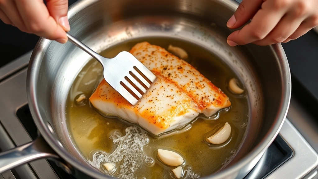 process: hands using a thin spatula to flip golden-brown rockfish fillet in a stainless steel pan with sizzling butter, garlic cloves visible, action shot showing technique, natural kitchen lighting, no text