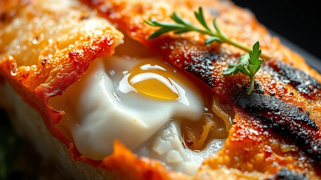 detail: close-up macro shot of crispy golden rockfish skin with flaky white flesh visible underneath, droplet of lemon juice, fresh herb garnish, dramatic side lighting highlighting texture and moisture