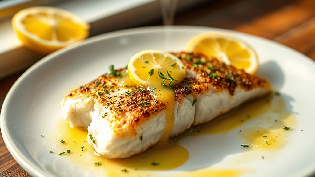 hero: perfectly seared rockfish fillet with golden crust, drizzled with herb butter sauce and fresh lemon, plated on white ceramic, soft natural window light, shallow depth of field, overhead angle, steam rising gently, professional food photography, no text or watermarks