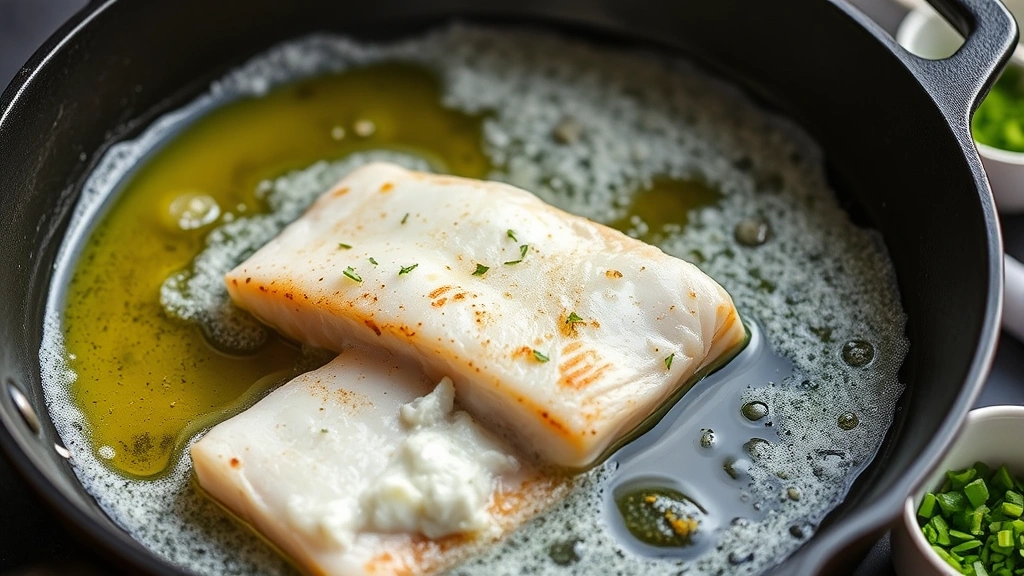 process: rockfish fillet sizzling in cast iron skillet with foaming butter, minced garlic visible, fresh herbs in small bowl nearby, natural daylight from window, close-up angle showing texture and sear, professional culinary photography, no text or watermarks