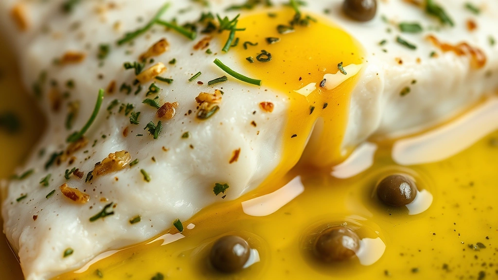 detail: extreme close-up of herb butter sauce coating flaky white rockfish flesh, microgreens and capers visible, golden butter pooling, macro lens, natural soft light, shallow focus on sauce detail, professional food styling, no text or watermarks