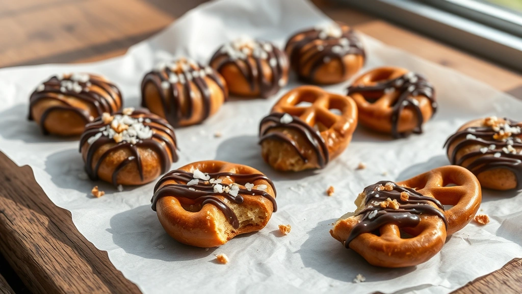 hero: Rolo pretzel bites arranged on white parchment paper, chocolate drizzle glistening, some topped with sea salt and crushed pretzels, natural window light, soft shadows, rustic wooden surface, no text or watermarks