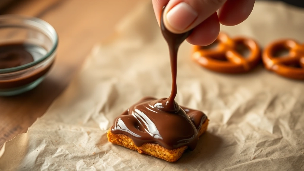 process: Close-up of hand drizzling melted chocolate over Rolo and pretzel square, chocolate flowing smoothly, parchment paper background, warm natural lighting, shallow depth of field, no text