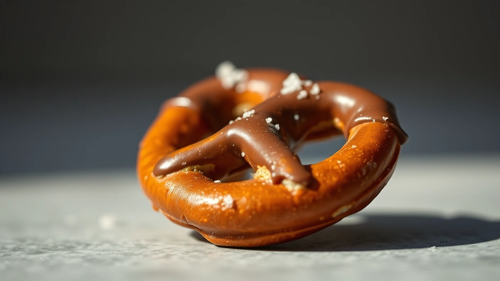 detail: Single Rolo pretzel bite in macro focus, chocolate coating perfectly set, sea salt crystals visible, pretzel texture clear, soft afternoon light creating dimension, minimalist background, no text