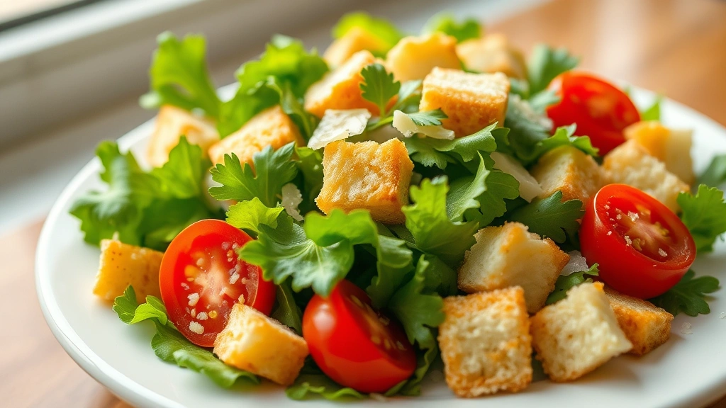hero: vibrant fresh romaine salad with crisp green leaves, golden croutons, shaved parmesan cheese, cherry tomato halves, and fresh parsley on a white ceramic plate, natural window light, shallow depth of field, no text or watermarks