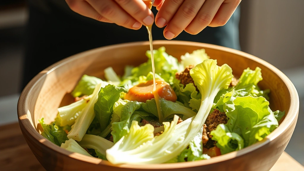 process: hands tossing romaine lettuce with dressing in a large wooden salad bowl, close-up action shot, natural daylight streaming across the bowl, showing the glistening coated leaves, no text