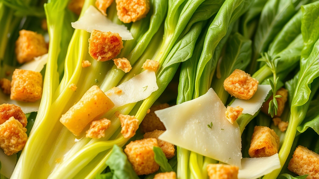 detail: extreme close-up of perfectly dressed romaine leaves with lemon vinaigrette, golden crouton, crispy parmesan shaving, and fresh herb garnish, macro photography, natural light, no text