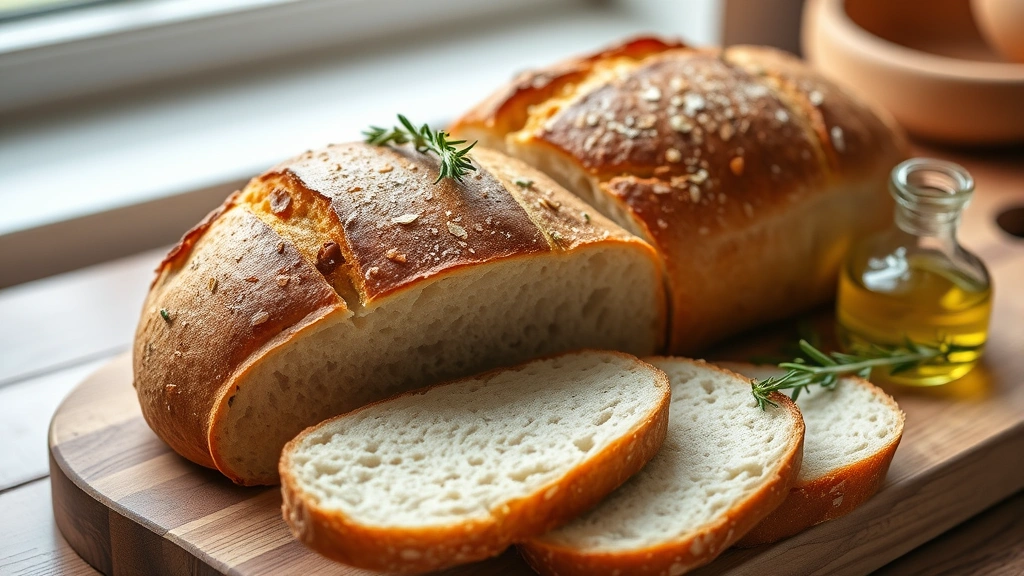 hero: golden brown rosemary bread loaf with crispy crust and rosemary sprigs on top, sliced to show soft crumb structure, sitting on wooden cutting board with fresh rosemary sprigs and olive oil nearby, natural morning light from window, no text, professional food photography
