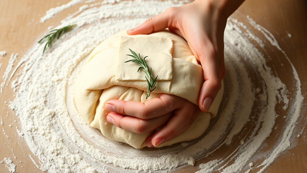 process: hands shaping rosemary bread dough on floured surface, showing the folding and rolling technique, dough is soft and slightly sticky, close-up action shot, natural light, no text