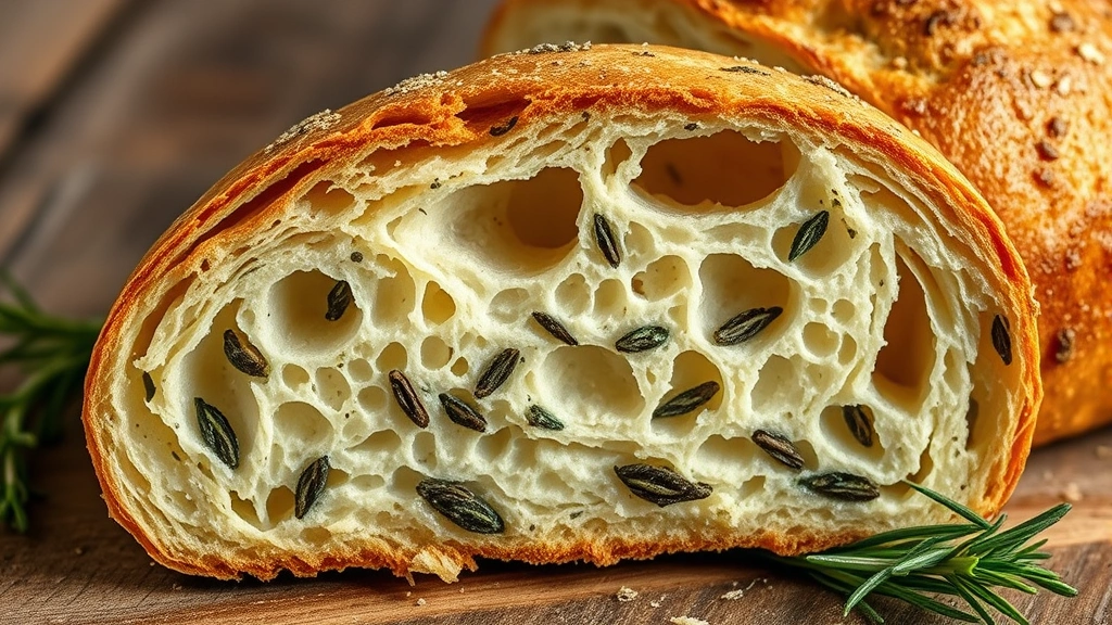 detail: close-up cross-section of fresh-baked rosemary bread showing open crumb structure and air pockets, with visible rosemary pieces throughout, steam rising, rustic wooden surface background, natural light, no text