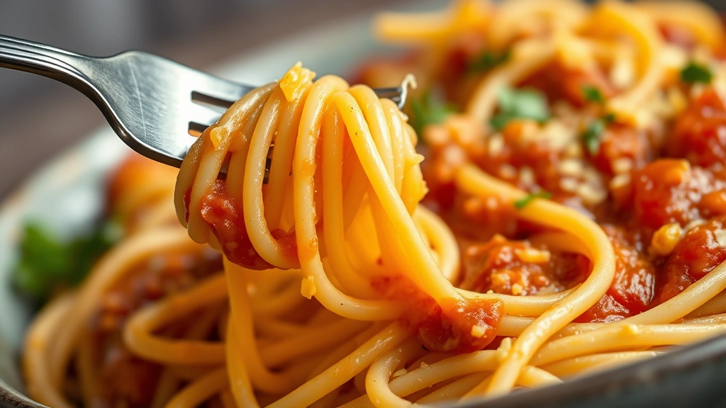 detail: close-up fork twirling creamy cheesy spaghetti, Rotel sauce coating pasta, melted cheddar cheese visible, photorealistic, natural light, no text