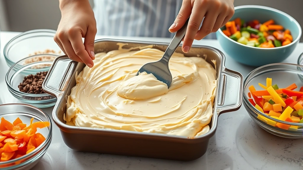 process: hands spreading creamy cheese mixture in baking dish with spatula, colorful ingredients visible in bowls nearby, bright kitchen lighting, photorealistic, no text