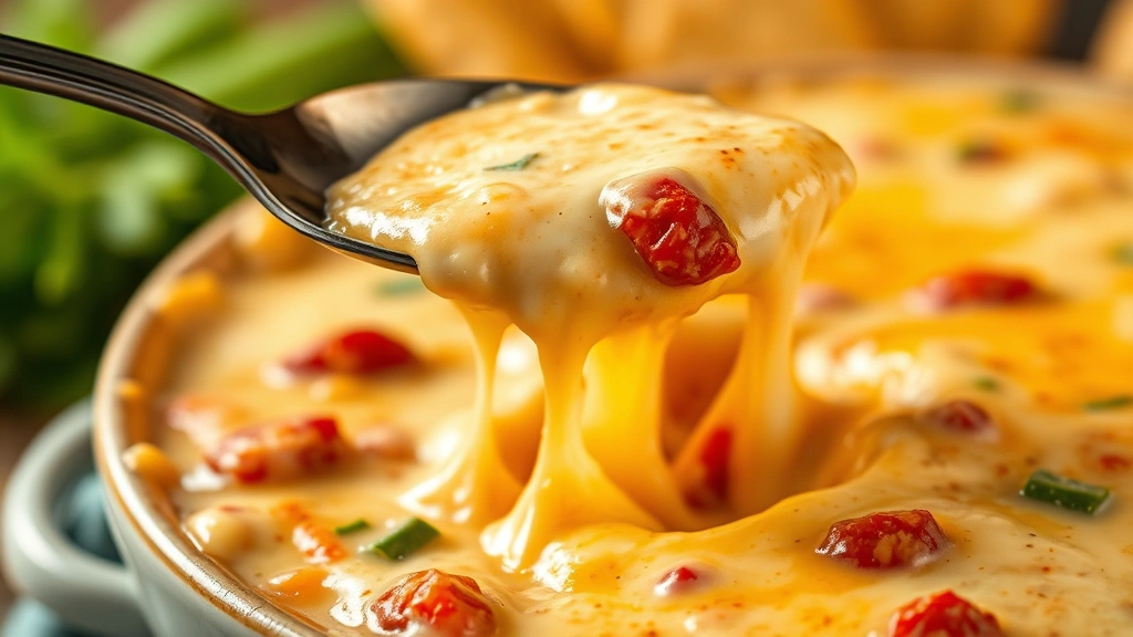 detail: close-up of spoon pulling stretchy melted cheese from dip bowl, Rotel tomatoes and chiles visible in creamy mixture, warm golden lighting, photorealistic, no text