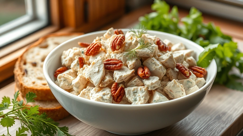 hero: elegant rotisserie chicken salad in a white bowl, garnished with fresh dill and candied pecans, served with crusty bread and fresh greens in soft natural window light, no text, professional food photography