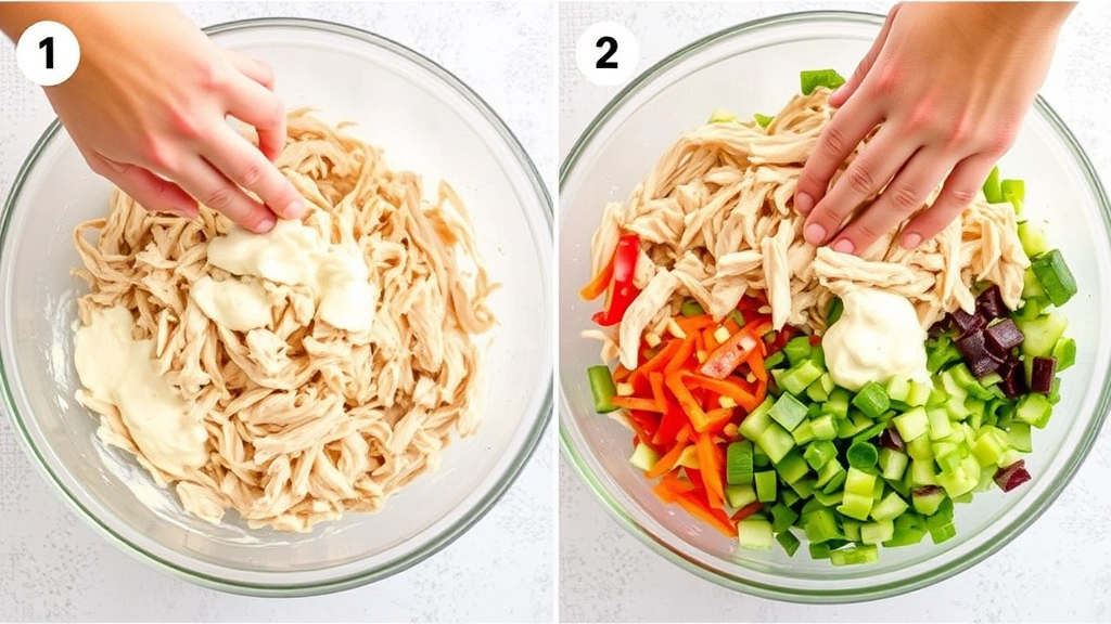 process: hands gently folding shredded rotisserie chicken with creamy dressing and fresh vegetables in a large mixing bowl, natural daylight, no text, showing the preparation technique