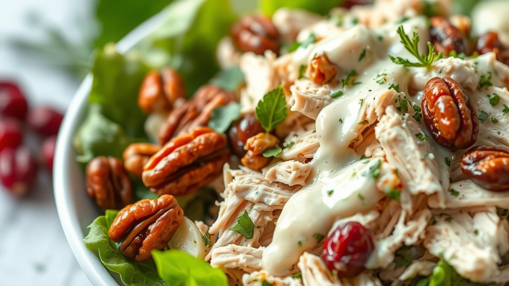 detail: close-up of rotisserie chicken salad showing the texture of shredded chicken, candied pecans, cranberries, fresh herbs and creamy dressing, soft focus background, natural light, no text