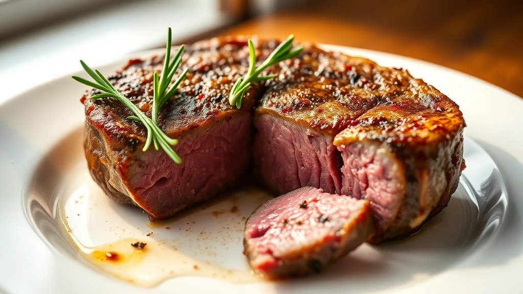 hero: perfectly seared round eye round steak with golden crust, medium-rare interior visible from slice, fresh rosemary garnish, resting on white ceramic plate, warm natural window light from left side, shallow depth of field, no text or watermarks