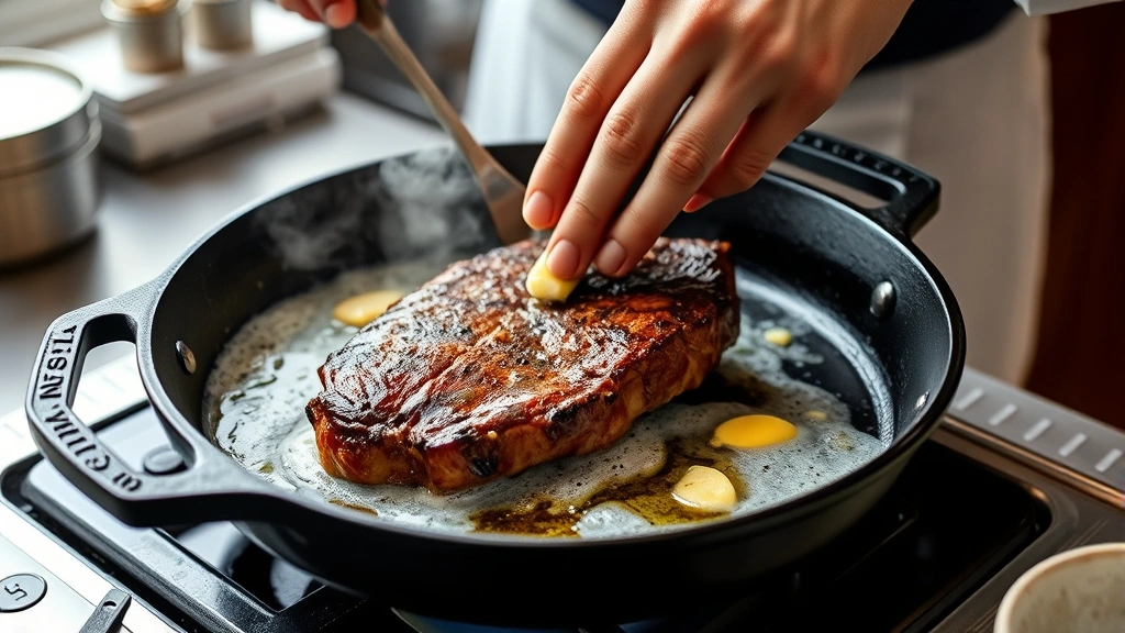 process: chef hands flipping steak in cast iron skillet with foaming butter and smashed garlic, golden crust visible, kitchen counter setting, warm natural lighting, action shot mid-flip, no text