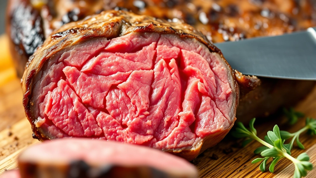 detail: close-up cross-section of cooked round eye round steak showing perfect medium-rare pink center with golden crust, knife blade visible, fresh herbs scattered nearby, macro photography with shallow depth of field, natural daylight, no text