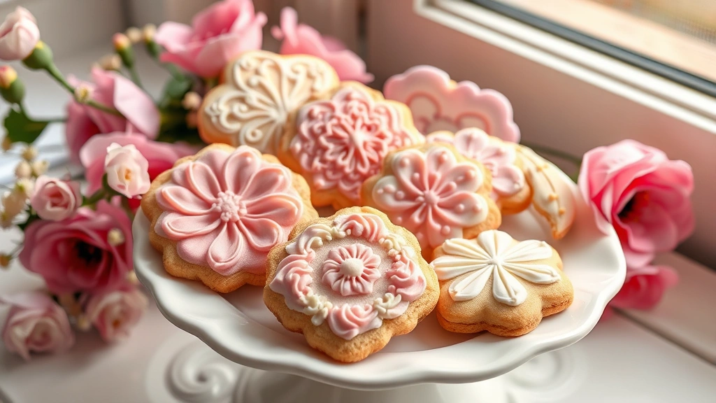 hero: beautiful royal icing decorated sugar cookies with intricate piped designs and flooding in pastel colors, sitting on a white ceramic plate with fresh flowers nearby, photorealistic, natural window light, no text