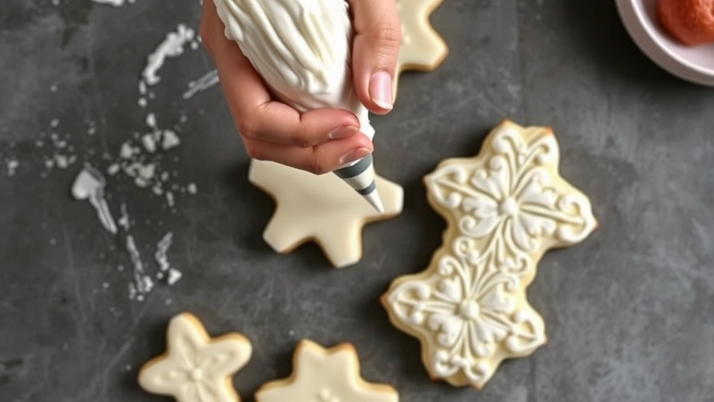 process: hands piping royal icing onto sugar cookies using a piping bag, showing detailed lacework and flood work, piping bag filled with white meringue powder royal icing, photorealistic, natural light from above, no text