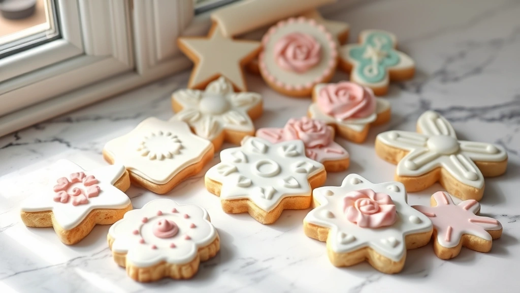 hero: beautifully decorated sugar cookies with white and pastel royal icing piped designs and flood work, photorealistic, natural window light, flat lay on marble surface, no text