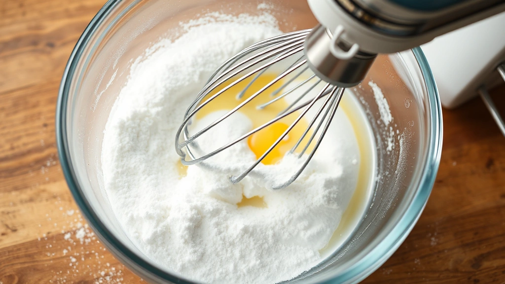 process: whisk beating egg whites and powdered sugar in glass bowl, electric mixer in action, powdered sugar dust visible, photorealistic, natural kitchen light, no text