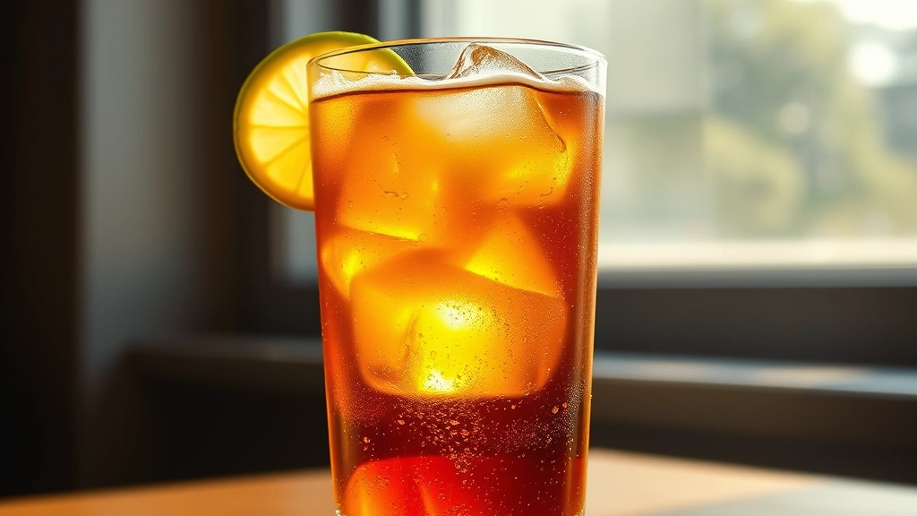 hero: perfectly chilled rum and coke in highball glass with large ice cubes and lime wedge garnish, golden amber liquid, natural daylight streaming through window, condensation on glass, photorealistic, no text