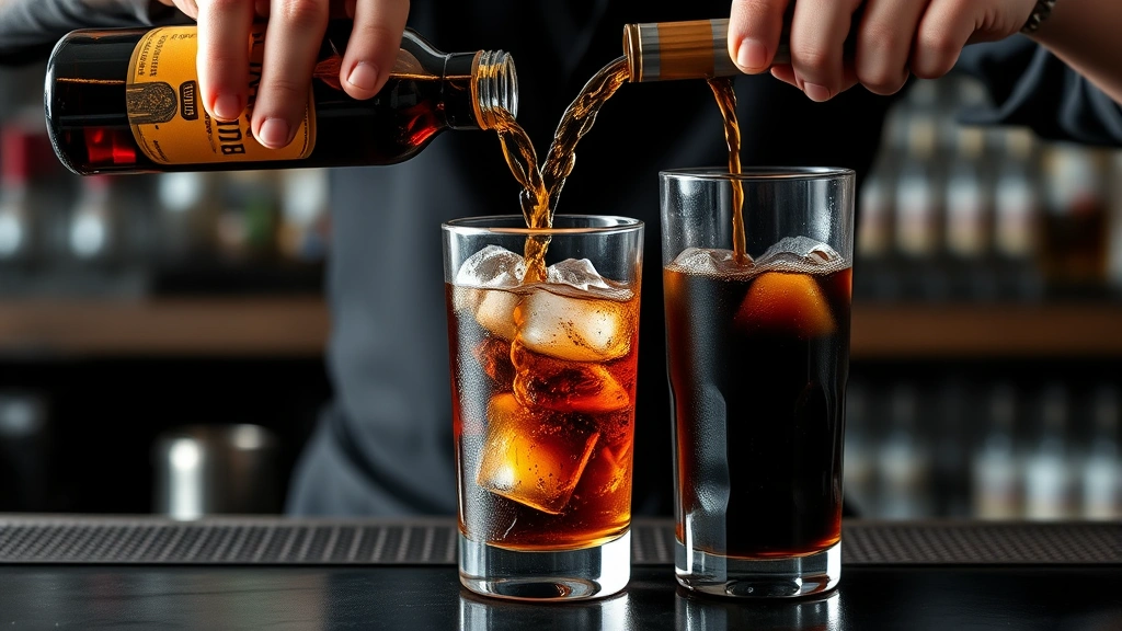process: bartender pouring dark rum over ice into highball glass, cola being poured simultaneously, action shot mid-pour, photorealistic, natural light, no text