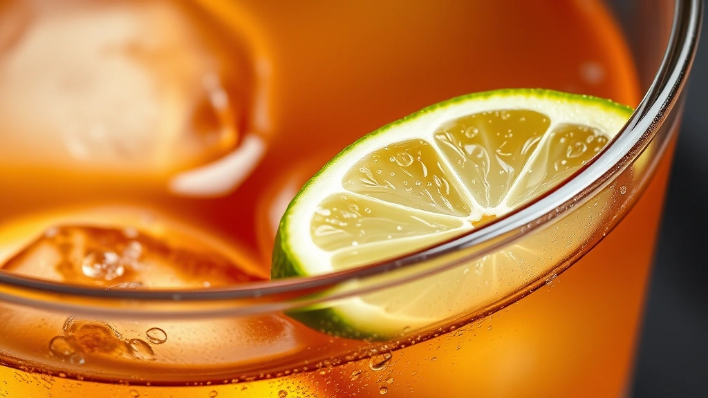 detail: close-up of rim of glass with fresh lime wedge perched on edge, ice cubes visible through amber liquid, condensation beads on glass exterior, photorealistic, natural diffused light, no text
