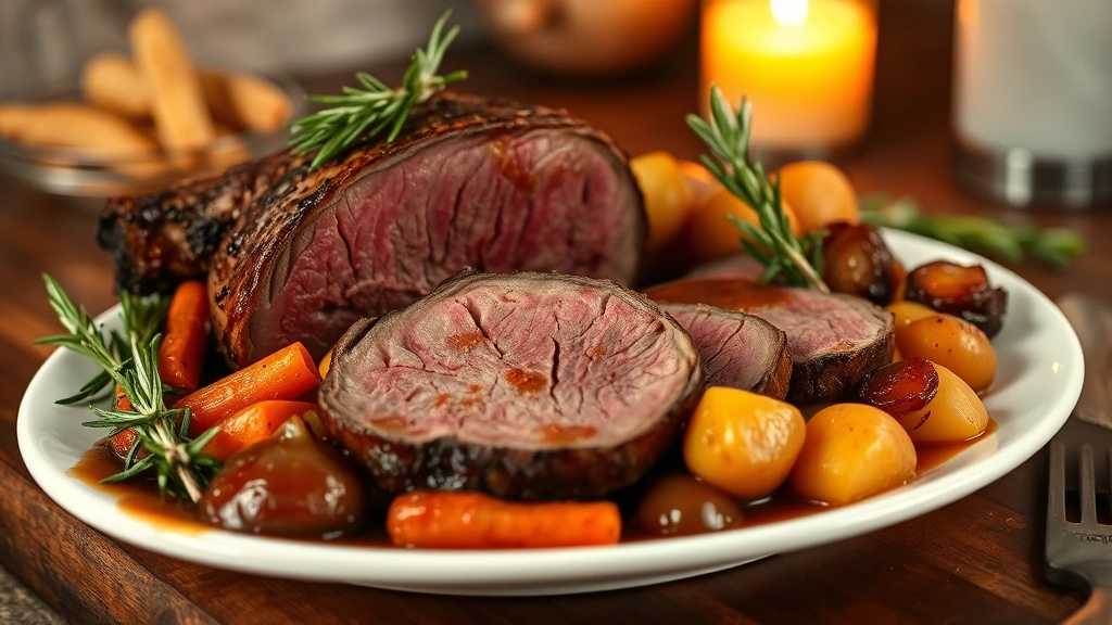 hero: perfectly sliced rump roast on white plate with roasted carrots, potatoes, onions, and rich brown gravy, garnished with fresh rosemary sprigs, warm candlelit background, photorealistic, natural light, no text