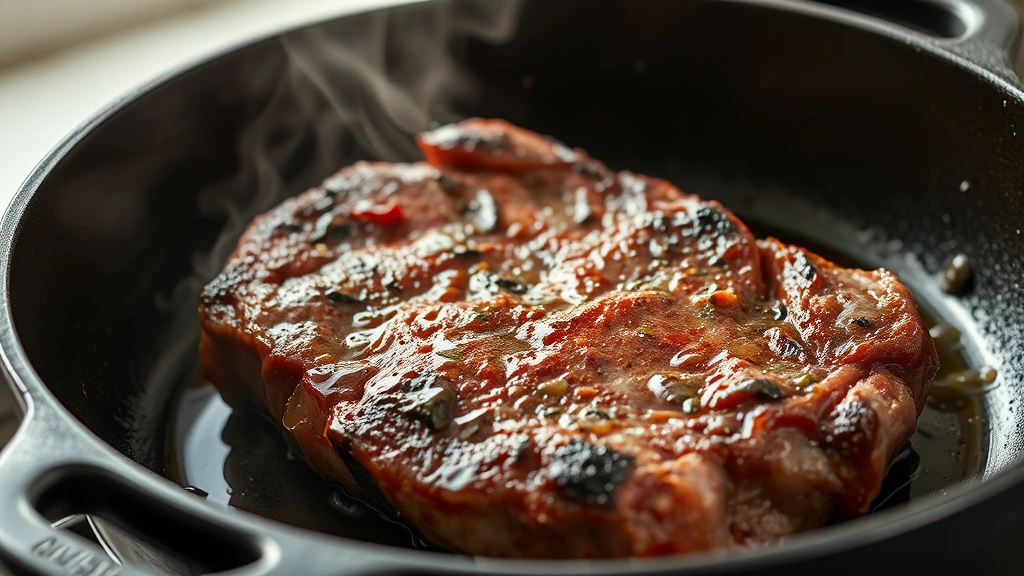 process: searing brown rump roast in hot cast iron skillet with oil splattering, close-up action shot, photorealistic, natural light, no text
