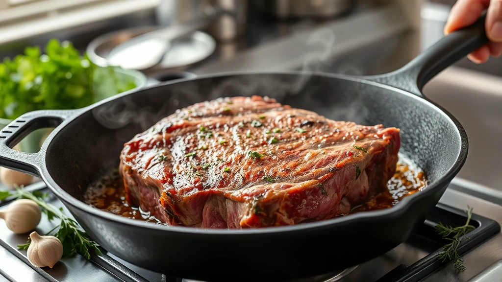 process: beef rump roast being seared in cast iron skillet with visible steam and browning, fresh herbs and garlic scattered nearby, professional kitchen environment, photorealistic, natural bright lighting, action shot, no text
