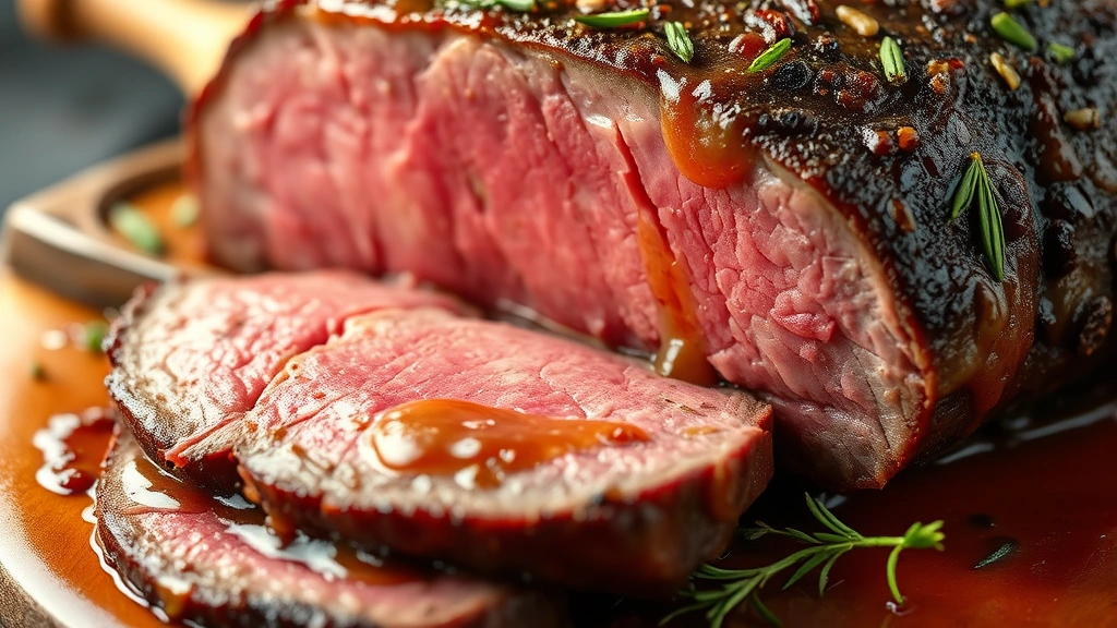 detail: close-up macro photography of carved rump roast slice showing pink tender interior contrasting with mahogany crust, food styling with herbs and sauce, photorealistic, natural soft lighting with shadows, no text