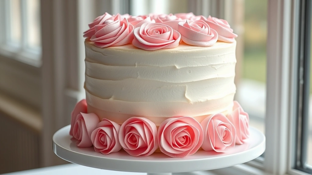 hero: finished layer cake frosted with Russian buttercream, decorated with piped roses in pastel colors, natural window light, elegant presentation on white cake stand, photorealistic, no text