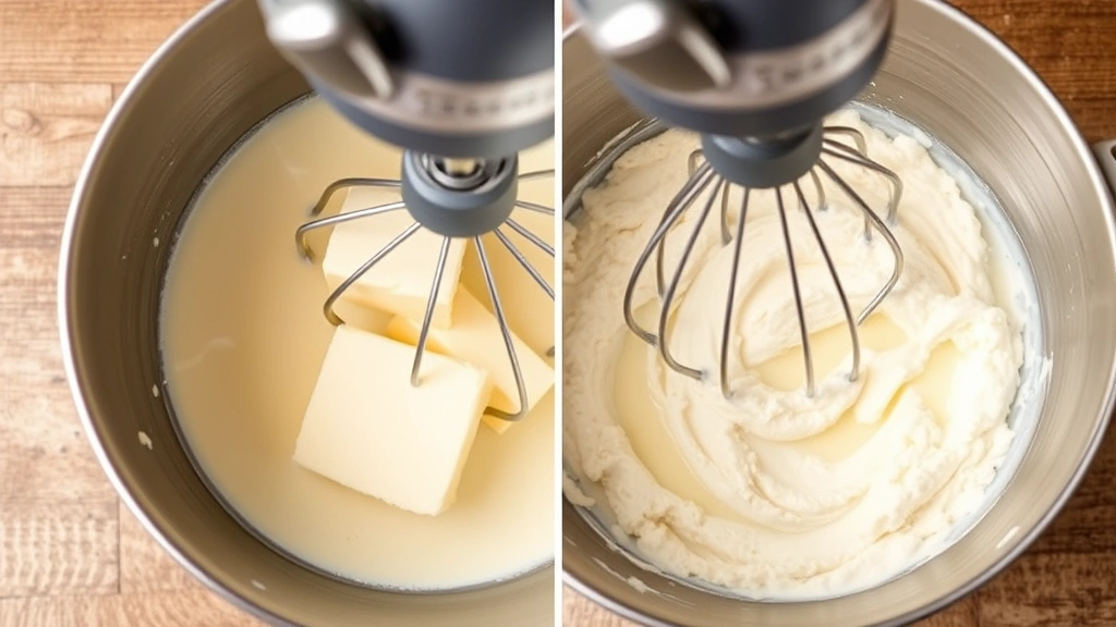 process: electric mixer whipping butter and condensed milk together, pale fluffy mixture in metal bowl, mid-mixing stage, close overhead view, photorealistic, natural light, no text