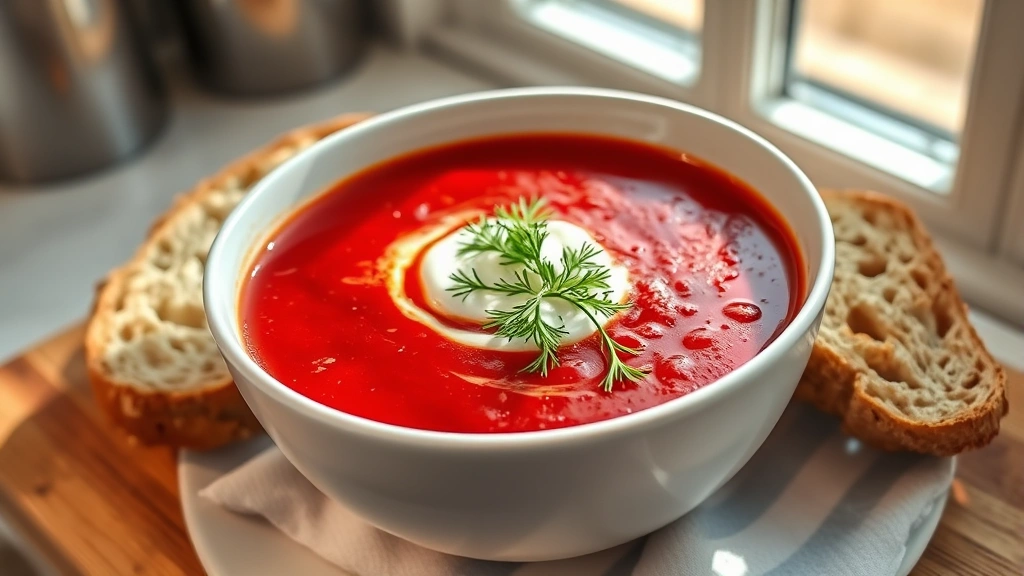 hero: Russian borscht soup in a white bowl, deep ruby red color, topped with white sour cream and bright green fresh dill, crusty bread beside it, photorealistic, natural daylight streaming in, no text, warm cozy kitchen setting