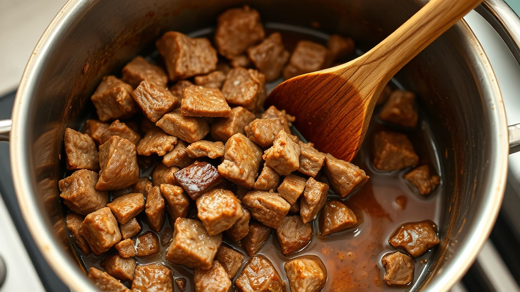 process: browning beef chunks in a large pot, golden seared meat, wooden spoon stirring, rich brown fond visible on pot bottom, photorealistic, natural kitchen light, no text, professional cooking technique