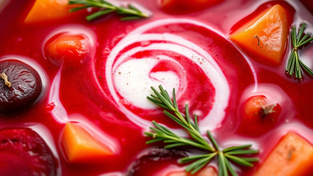 detail: close-up of finished borscht showing beets, cabbage, and carrots, vibrant red broth with cream swirl, fresh dill garnish, steam rising, photorealistic, shallow depth of field, natural light, no text