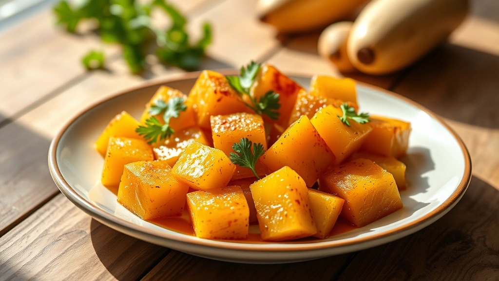 hero: beautifully plated golden caramelized rutabaga cubes garnished with fresh parsley in warm natural light, rustic wooden table background, Preppy Kitchen aesthetic, professional food photography