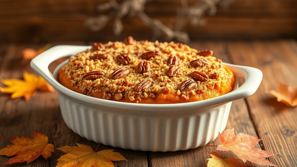 hero: Golden-brown sweet potato casserole with pecan streusel topping in white ceramic dish, warm overhead lighting, steam rising, rustic wooden table background, autumn leaves as styling