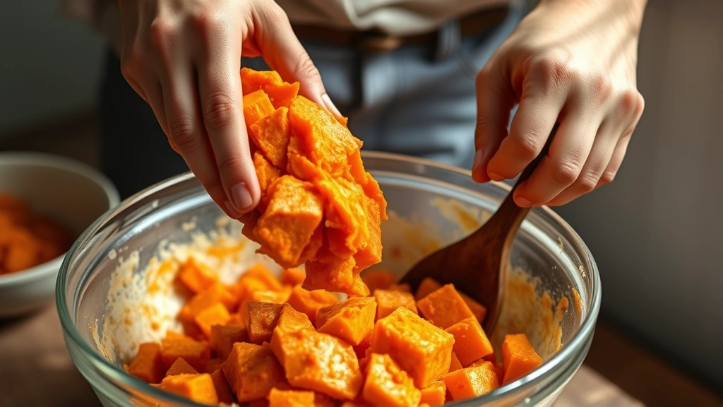 process: Hands scooping warm sweet potato flesh into mixing bowl, close-up action shot, golden baked sweet potatoes visible, natural window light, wooden spoon in frame
