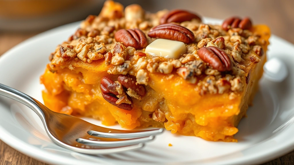 detail: Cross-section of finished casserole showing creamy orange sweet potato layer and golden crispy pecan topping with visible butter, shallow depth of field, fork resting on side, warm plated portion