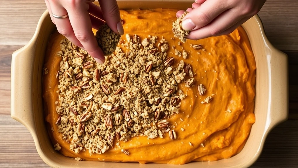 process: hands sprinkling pecan streusel topping over creamy sweet potato mixture in baking dish, photorealistic, natural light, overhead angle, no text