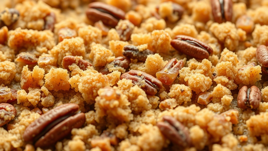 detail: close-up of golden brown pecan streusel topping with melted butter and brown sugar, showing texture and pecans, photorealistic, natural light, macro photography, no text