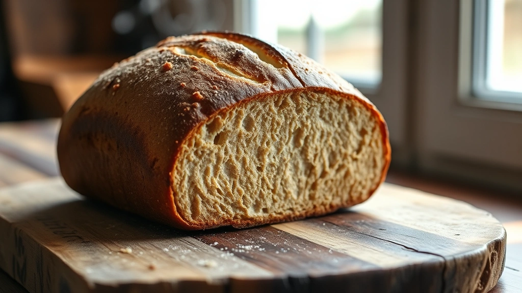 hero: freshly baked rye sourdough loaf with dark golden-brown crust, steam still rising, scored with elegant slash, placed on rustic wooden board with natural window light, shallow depth of field