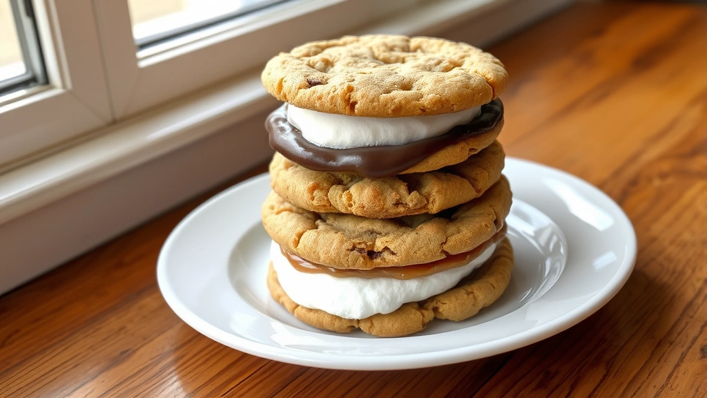 hero: freshly baked s'mores cookies stacked on white plate with melted chocolate and marshmallow visible, golden brown edges, natural window light, wooden table surface, no text
