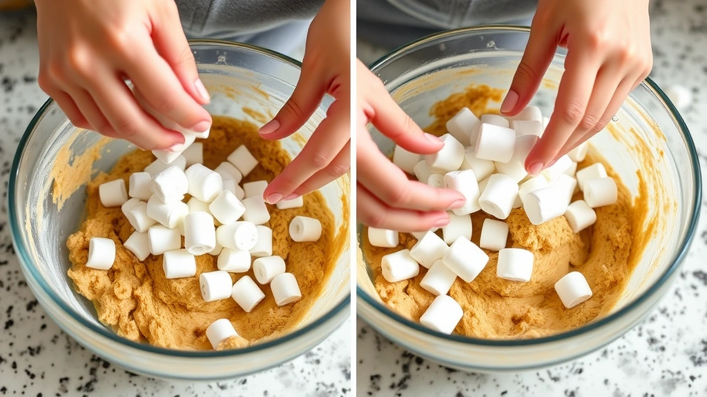 process: hands folding marshmallows into cookie dough in mixing bowl, close-up action shot, bright natural lighting, kitchen counter background, no text