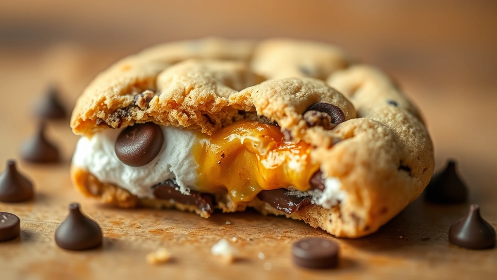 detail: single broken s'mores cookie showing gooey marshmallow center and melted chocolate chips, macro photography, warm natural light, shallow depth of field, no text